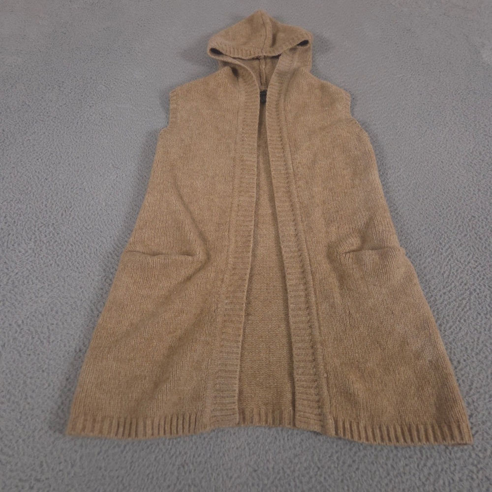 Tahari Sweater Womens XS Tan Brown Wool‎ Blend Hooded Vest Open Front Pockets